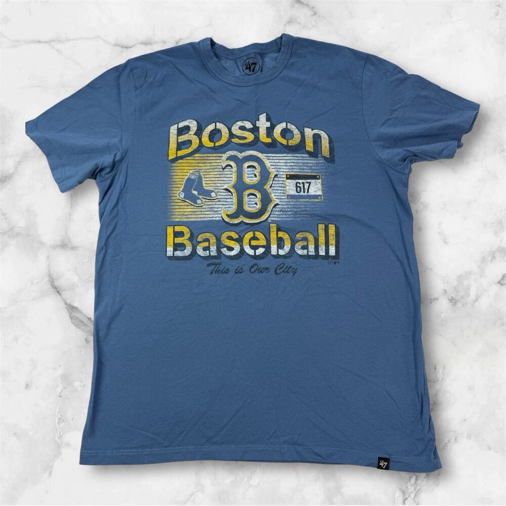 '47 MLB‎ Boston Red Sox Mens Medium Blue Yellow City Connect 617 T-Shirt